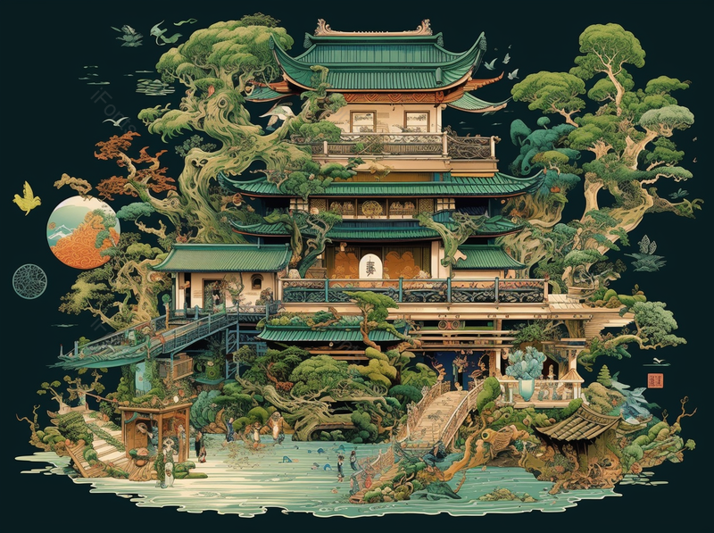 传统山水风景中国风古典建筑插画背景,插画/手绘图,插画/手绘图库,插画/手绘图下载,插画/手绘